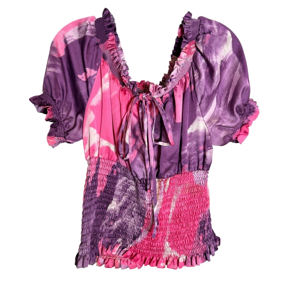 Allen B by Allen Schwartz Smocked Blouse Womens Large Purple Pink Tie Dye Boho